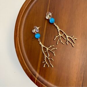 3/$20 Gold Dangling Branch Design Drop Turquoise Beads Earrings
